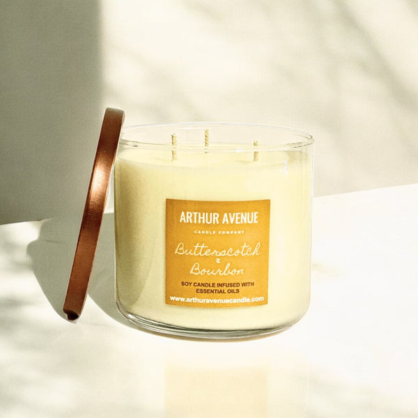 butterscotch bourbon soy 3-wick candle. Free from synthetic additives, dyes, phthalates, and petroleum. Organic cotton wicks.