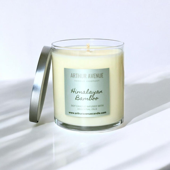 himalayan bamboo soy single wick candle. Free from synthetic additves, dyes, phthalates, and petroleum. Organic cotton wick.