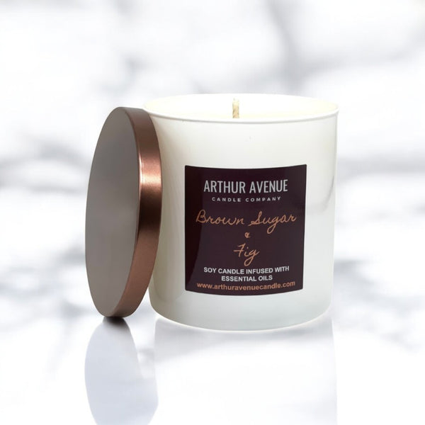 brown sugar and fig soy single wick candle. Free from synthetic additves, dyes, phthalates, and petroleum. Organic cotton wick.