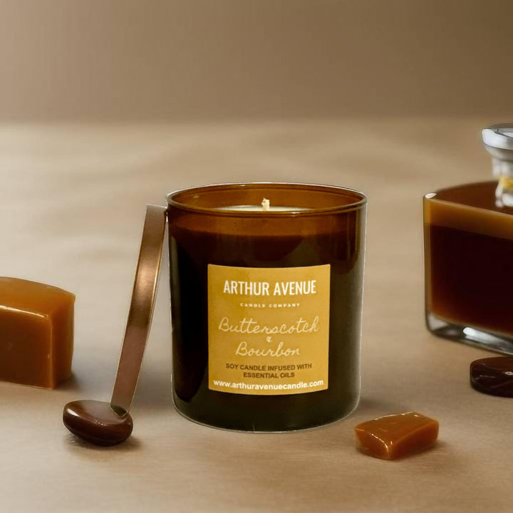 butterscotch candle, butterscotch bourbon candle, 3-wick candle, single wick candle, natural home fragrance.