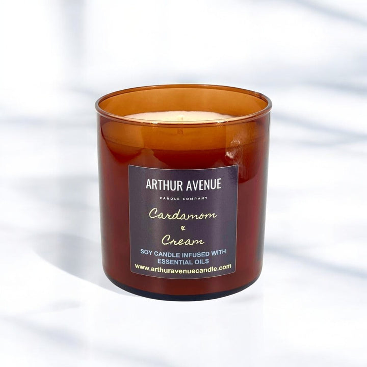cardamom and cream soy single wick candle. Free from synthetic additves, dyes, phthalates, and petroleum. Organic cotton wick.