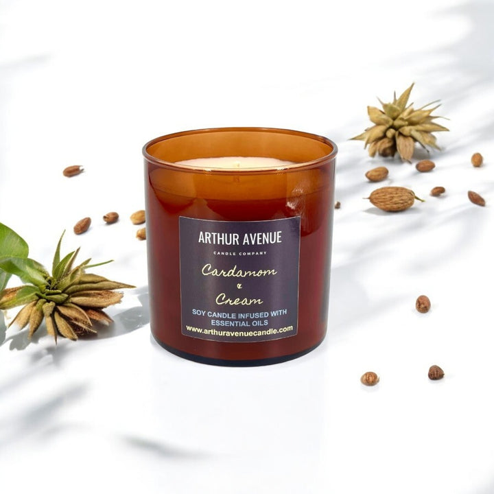cardamom and cream soy single wick candle. Free from synthetic additves, dyes, phthalates, and petroleum. Organic cotton wick.