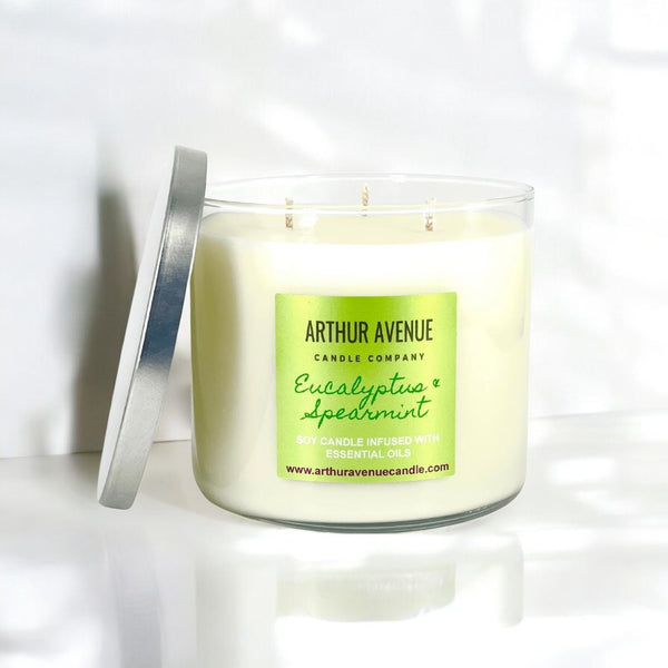eucalyptus and spearmint, eucalyptus and spearmint candle, eucalyptus spearmint candle, soy, 3-wick candle. 
