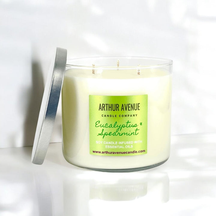 eucalyptus and spearmint, eucalyptus and spearmint candle, eucalyptus spearmint candle, soy, 3-wick candle. 