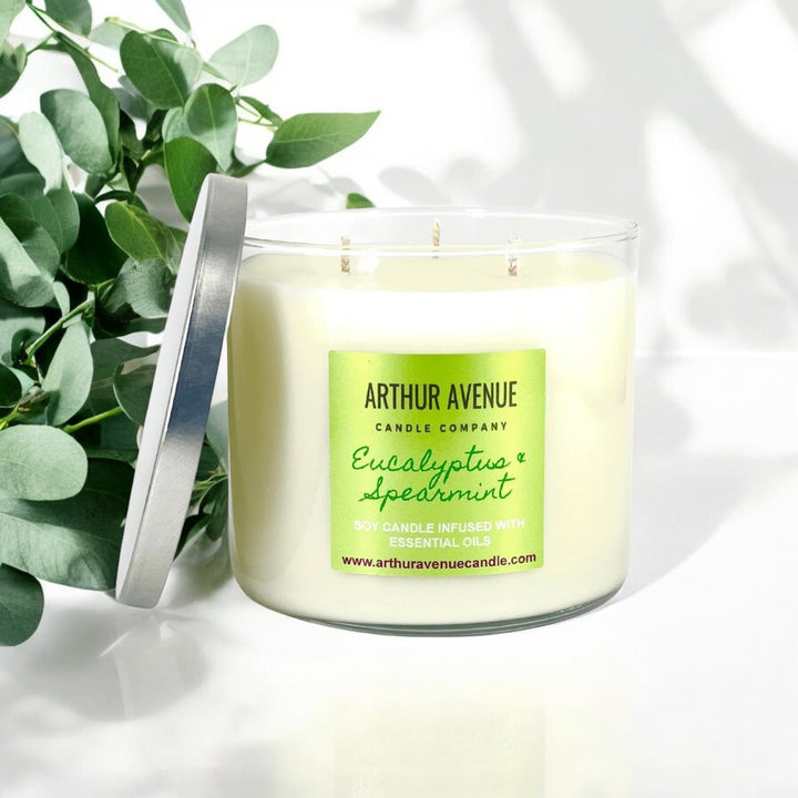 eucalyptus and spearmint soy 3-wick candle. Free from synthetic additives, dyes, phthalates, and petroleum. Organic cotton wicks.