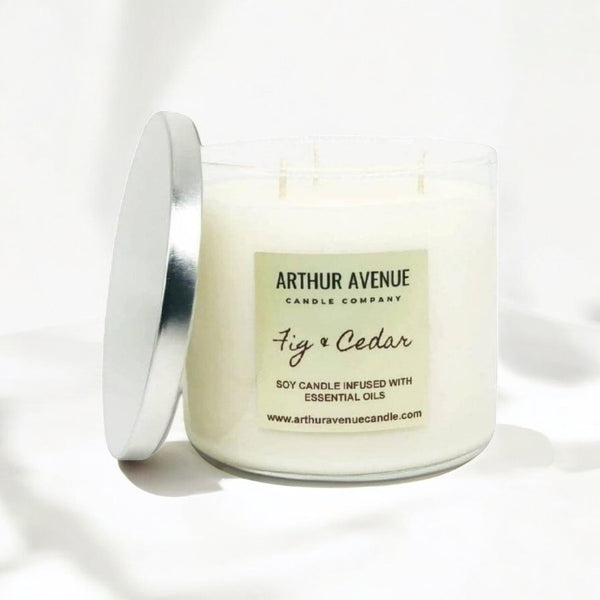 fig and cedar soy 3-wick candle. Free from synthetic additives, dyes, phthalates, and petroleum. Organic cotton wicks.