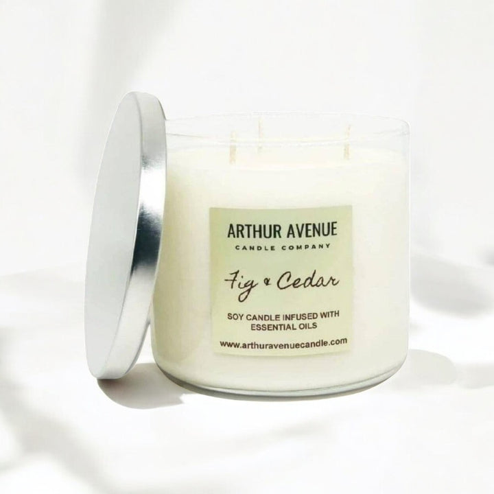 fig and cedar soy 3-wick candle. Free from synthetic additives, dyes, phthalates, and petroleum. Organic cotton wicks.