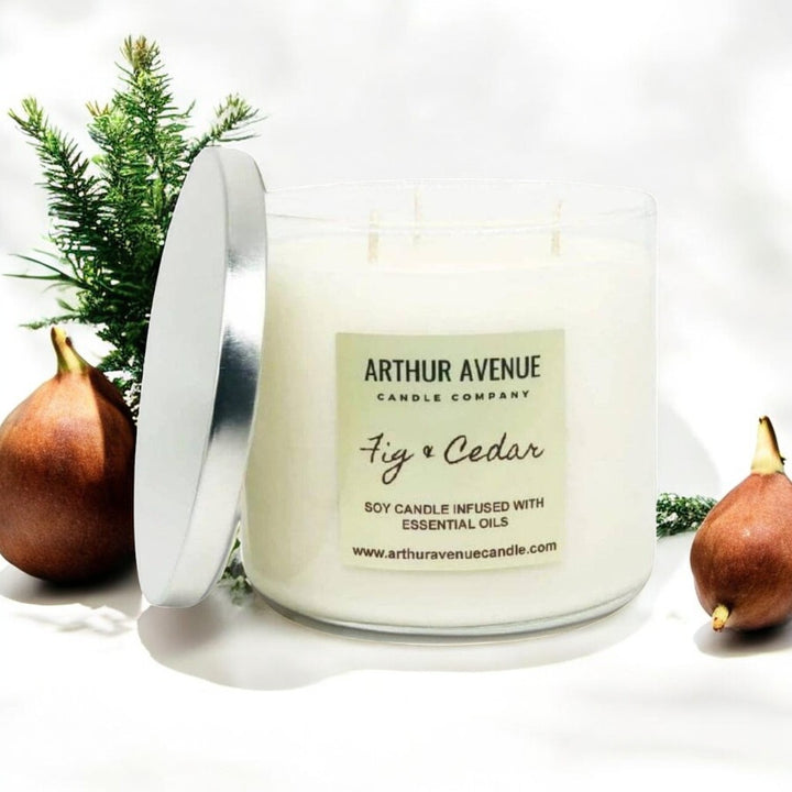 fig and cedar soy 3-wick candle. Free from synthetic additives, dyes, phthalates, and petroleum. Organic cotton wicks.