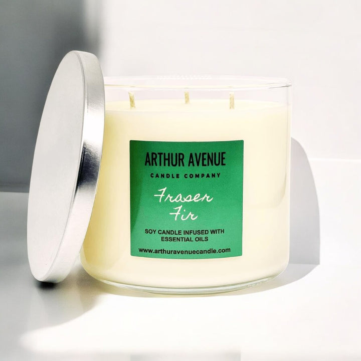 fraser fir soy 3-wick candle. Free from synthetic additives, dyes, phthalates, and petroleum. Organic cotton wicks.