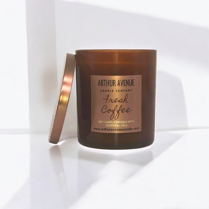 fresh coffee soy single wick candle. Free from synthetic additves, dyes, phthalates, and petroleum. Organic cotton wick.