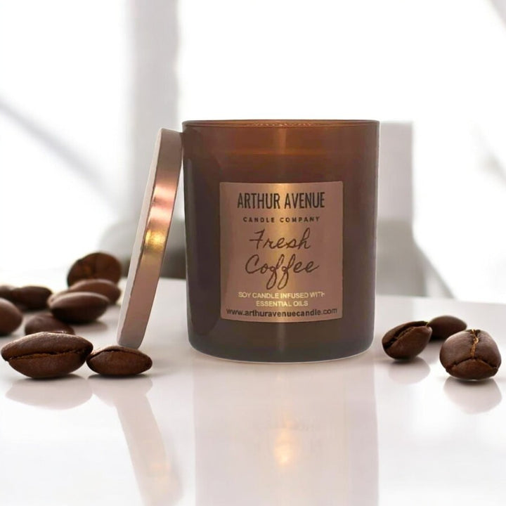 fresh coffee soy single wick candle. Free from synthetic additves, dyes, phthalates, and petroleum. Organic cotton wick.