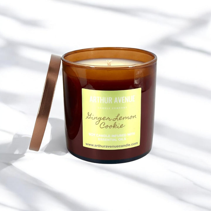 ginger lemon cookie soy single wick candle. Free from synthetic additves, dyes, phthalates, and petroleum. Organic cotton wick.