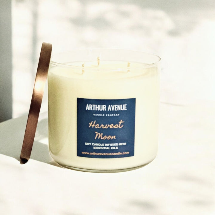 harvest moon soy 3-wick candle. Free from synthetic additves, dyes, phthalates, and petroleum. Organic cotton wicks.