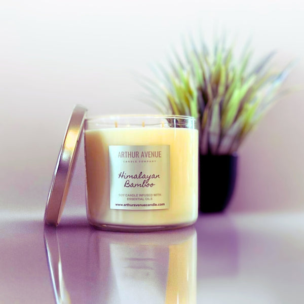 himalayan bamboo soy 3-wick candle. Free from synthetic additives, dyes, phthalates, and petroleum. Organic cotton wicks.