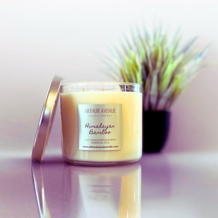 himalayan bamboo soy 3-wick candle. Free from synthetic additives, dyes, phthalates, and petroleum. Organic cotton wicks.