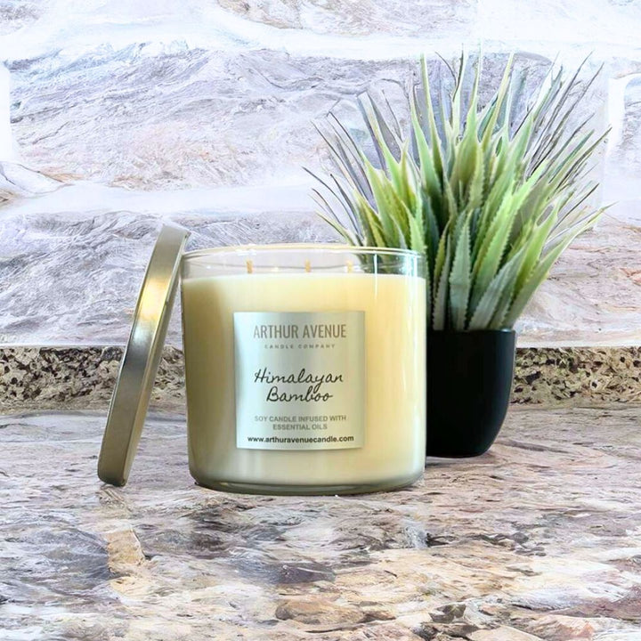 himalayan-bamboo-soy 3-wick candle. Free from synthetic additives, dyes, phthalates, and petroleum. Organic cotton wicks.