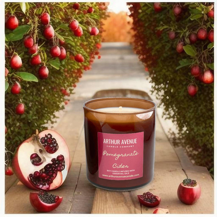 pomegranate cider soy single wick candle. Free from synthetic additives, dyes, phthalates, and petroleum. Organic cotton wicks.