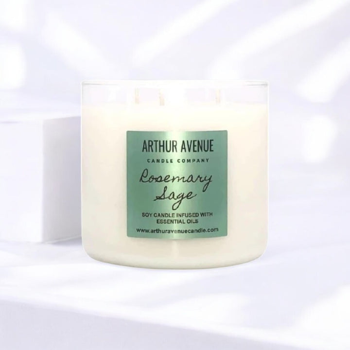 rosemary sage soy 3-wick candle. Free from synthetic additves, dyes, phthalates, and petroleum. Organic cotton wicks.