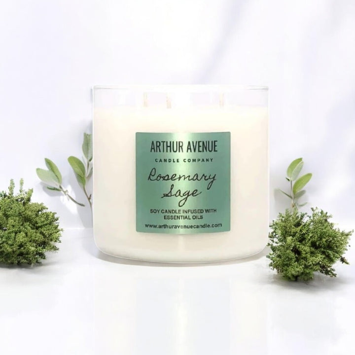rosemary sage soy 3-wick candle. Free from synthetic additves, dyes, phthalates, and petroleum. Organic cotton wicks.
