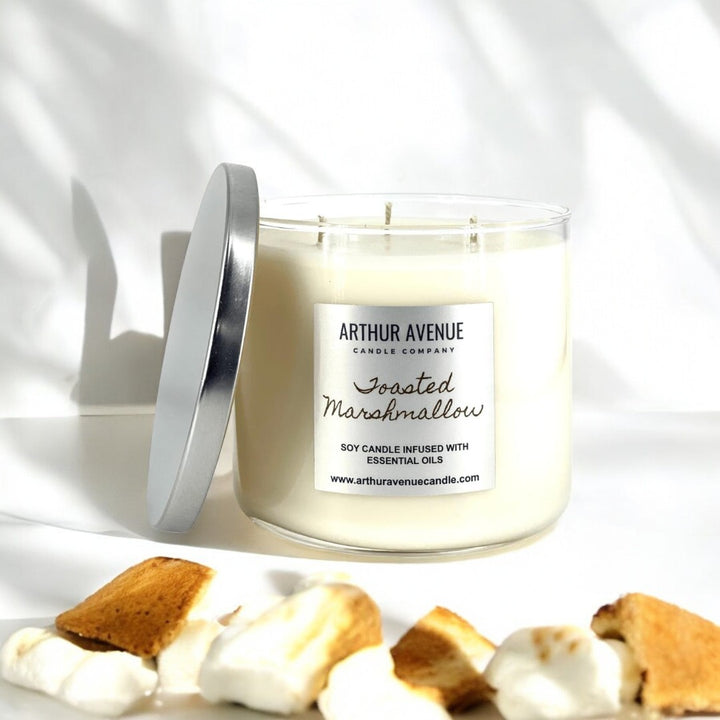 toasted marshmallow soy 3-wick candle. Free from synthetic additves, dyes, phthalates, and petroleum. Organic cotton wicks.