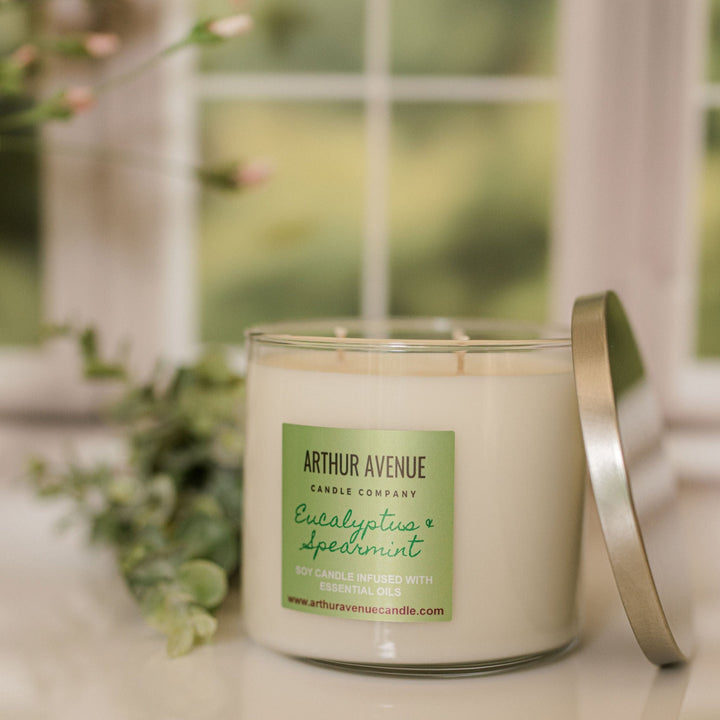eucalyptus and spearmint candle, eucalyptus and spearmint, soy, 3-wick, soy 3-wick candle