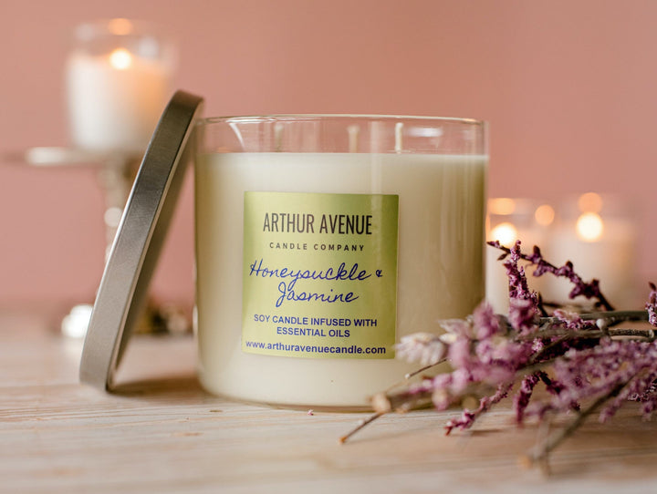 honeysuckle jasmine, candle, 3-wick candle, honeysuckle and jasmine 