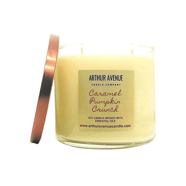 caramel pumpkin crunch soy 3-wick candle. Free from synthetic additives, dyes, phthalates, and petroleum. Organic cotton wicks.