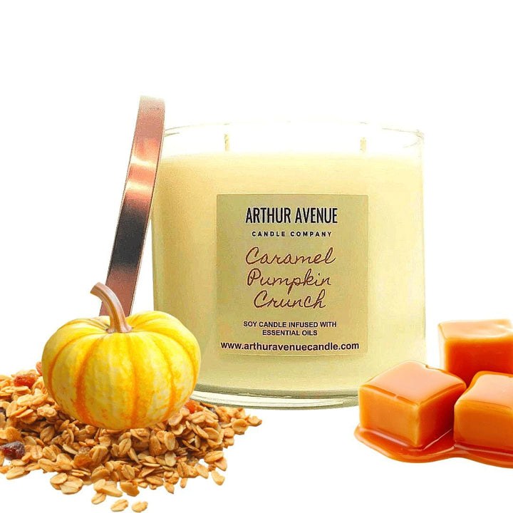 caramel pumpkin crunch soy 3-wick candle. Free from synthetic additives, dyes, phthalates, and petroleum. Organic cotton wicks.