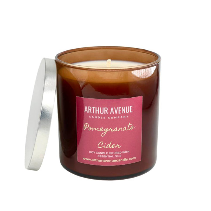 pomegranate cider soy single wick candle. Free from synthetic additives, dyes, phthalates, and petroleum. Organic cotton wicks.