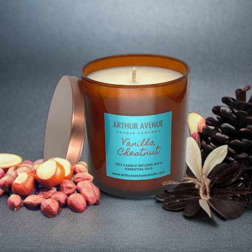 vanilla chestnut soy single wick candle. Free from synthetic additives, dyes, phthalates, and petroleum. Organic cotton wicks.