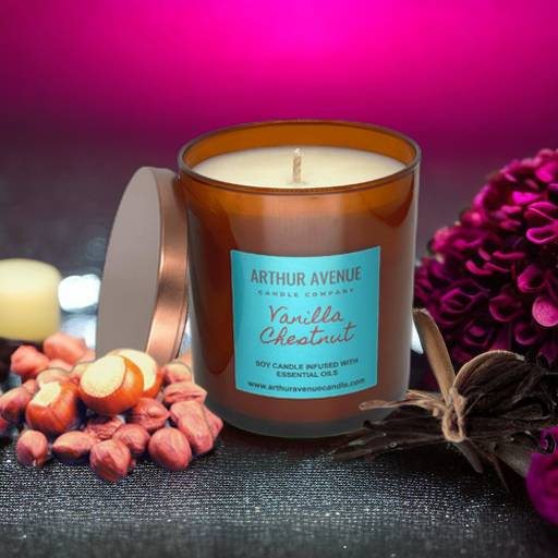 vanilla chestnut soy single wick candle. Free from synthetic additives, dyes, phthalates, and petroleum. Organic cotton wicks.