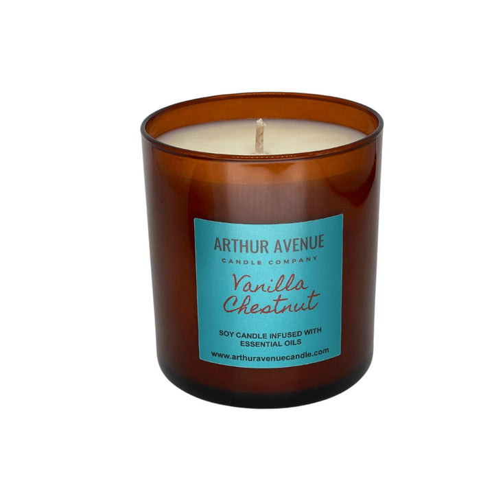 vanilla chestnut soy single wick candle. Free from synthetic additives, dyes, phthalates, and petroleum. Organic cotton wicks.