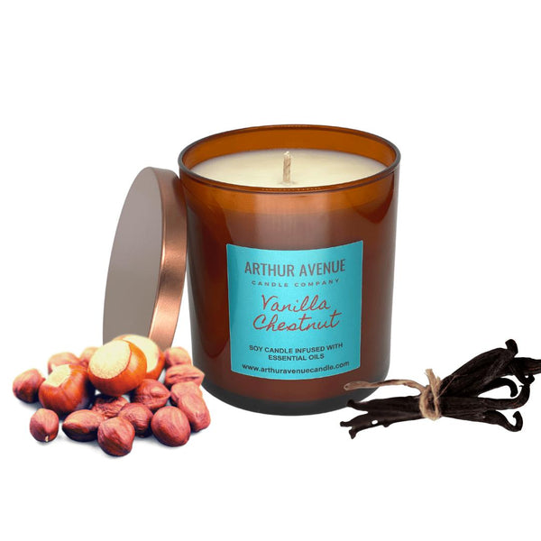 vanilla chestnut soy single wick candle. Free from synthetic additives, dyes, phthalates, and petroleum. Organic cotton wicks.