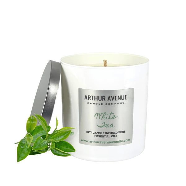 White Tea soy single wick candle. Free from synthetic additives, dyes, phthalates, and petroleum. Organic cotton wicks.