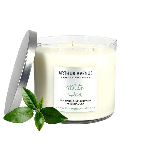 white tea candles, white tea candle scent, 3-wick, natural home fragrance